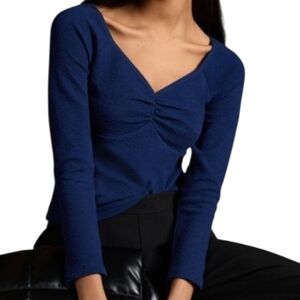 Anthropologie Maeve Blue Textured Sweetheart Top L Long Sleeve Ruched Poetcore